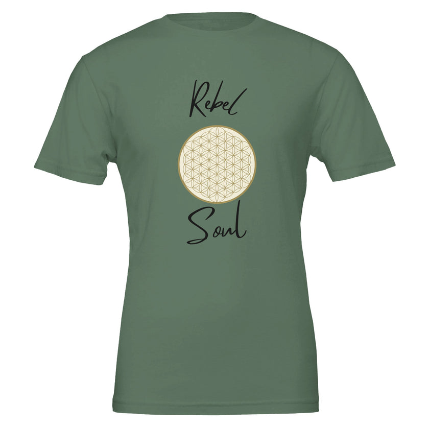 Unisex T-Shirt in Military Green mit spirituellem Blume des Lebens Motiv, nachhaltige hochwertige Baumwolle,.