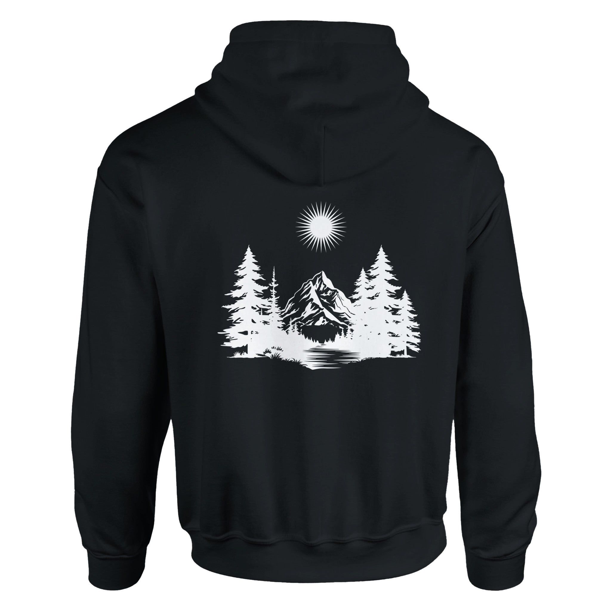 Schwarzer Unisex Hoodie aus hochwertigem Baumwoll-Polyester-Mix mit spirituellem Print, weiße Berge, Tannen und strahlende.