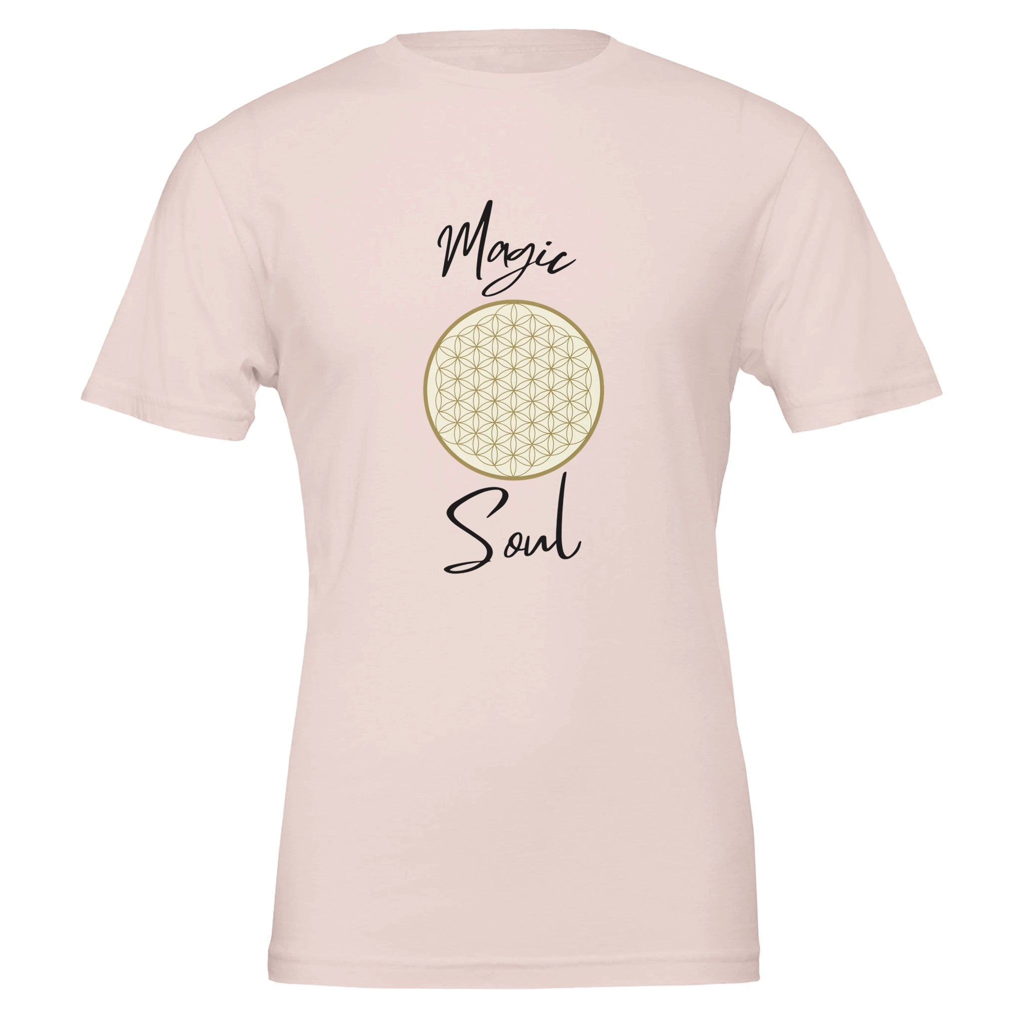 Weiches rosa Unisex-T-Shirt aus hochwertiger Baumwolle mit spirituellem Blume des Lebens Print, nachhaltig,.