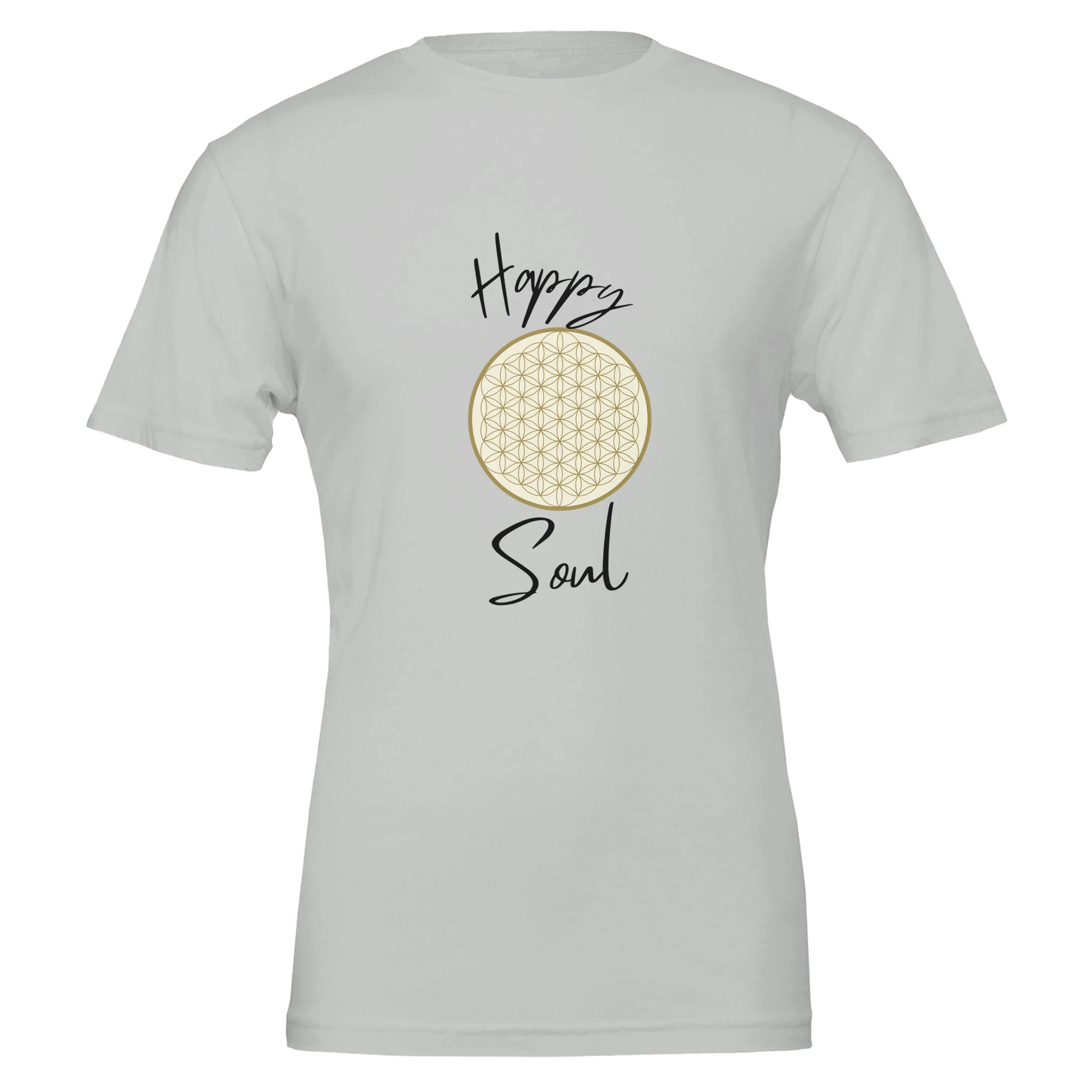 Unisex T-Shirt in weichem Creme mit hochwertigem Blume des Lebens Print und spirituellem Happysoul Design.