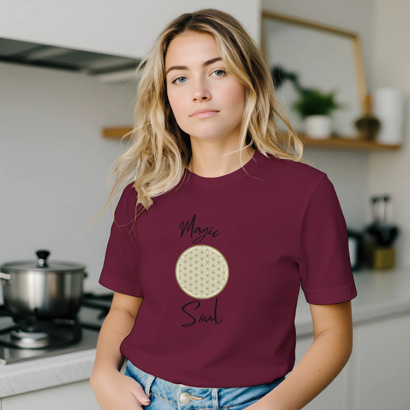 Unisex T-Shirt in Kastanienbraun mit hochwertigem Baumwollstoff, spirituellem Blume des Lebens Print, melaniesouldesign,.