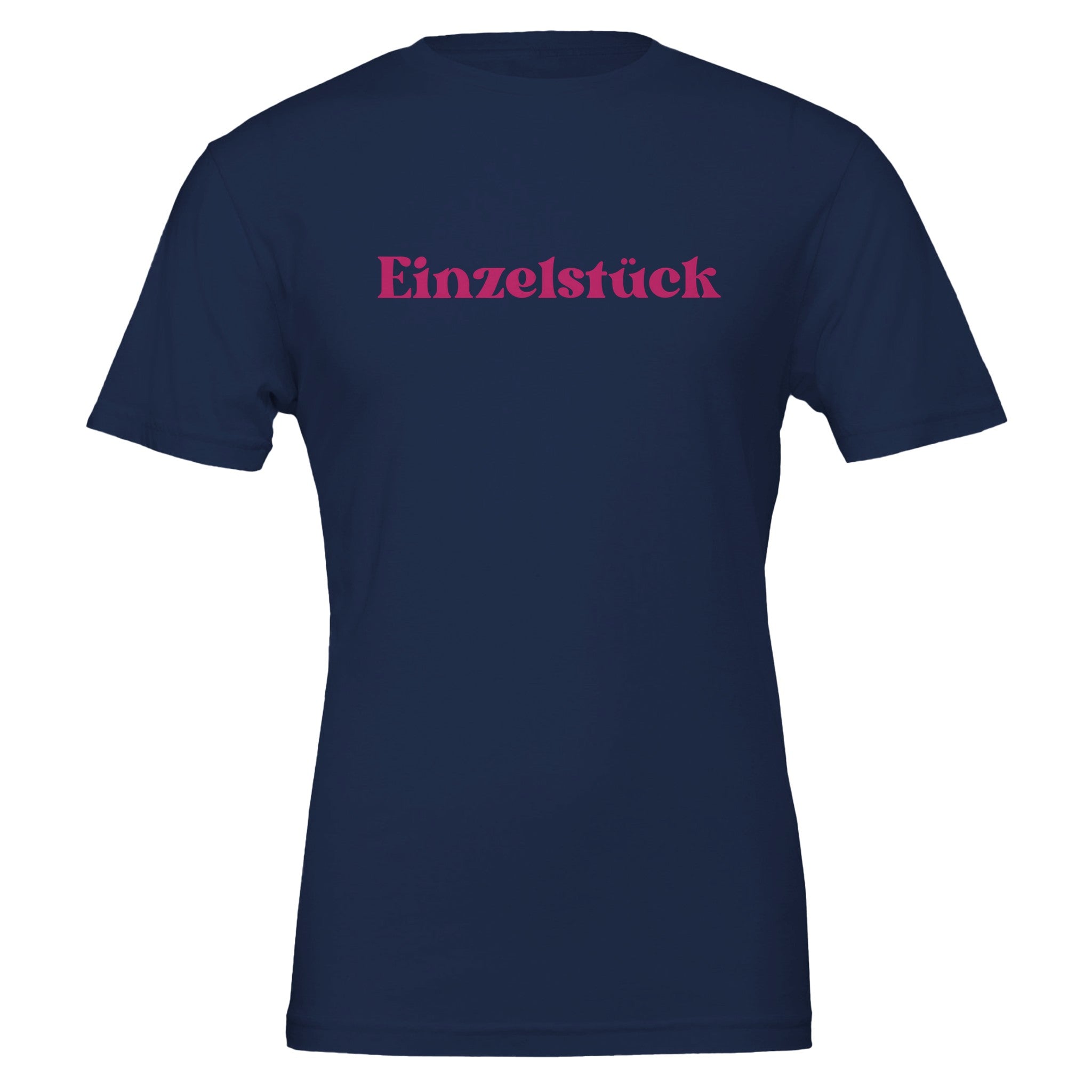 Dunkelblaues Unisex-T-Shirt aus hochwertiger Baumwolle mit pinkem 