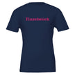Dunkelblaues Unisex-T-Shirt aus hochwertiger Baumwolle mit pinkem 