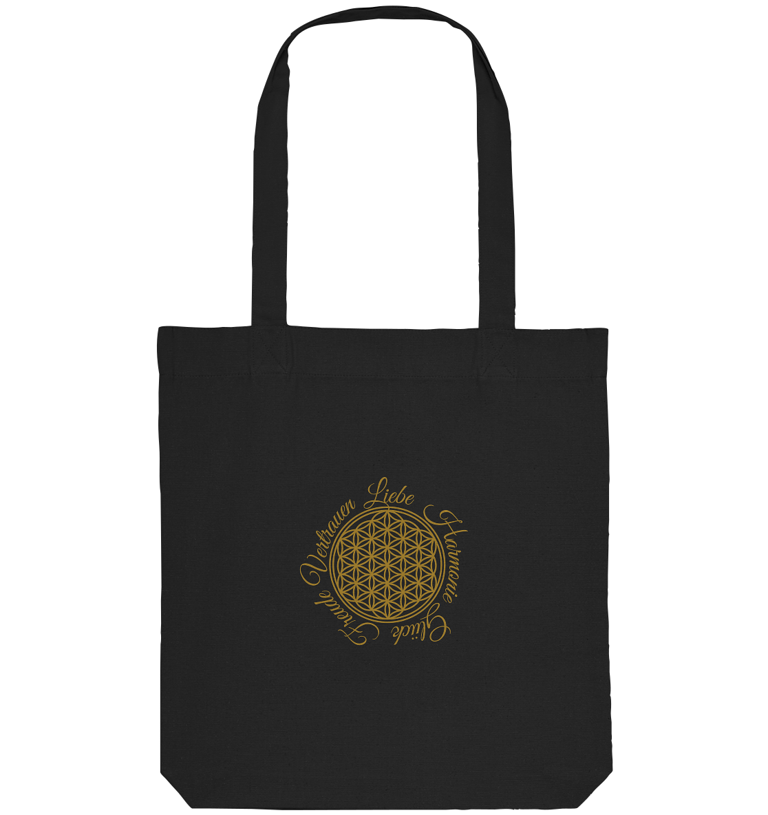 Blume des Lebens Tote Bag mit Liebe Freude Vertrauen Harmonie Glück – Schwarze Bio-Baumwolltasche mit goldenem Sacred Geometry Design