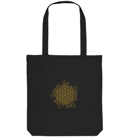 Blume des Lebens Tote Bag mit Liebe Freude Vertrauen Harmonie Glück – Schwarze Bio-Baumwolltasche mit goldenem Sacred Geometry Design