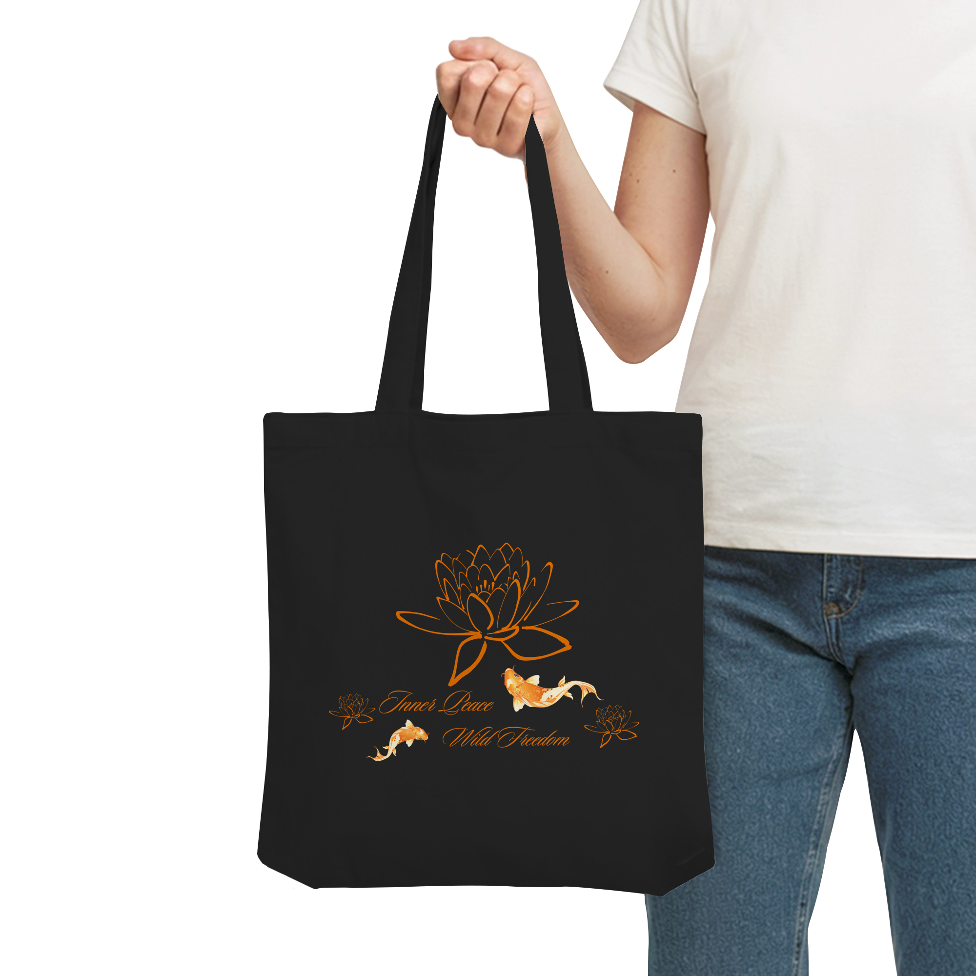 Asiatische Tote Bag mit Koi-Fisch & Lotus – Spirituelles Design | Bio-Baumwolle