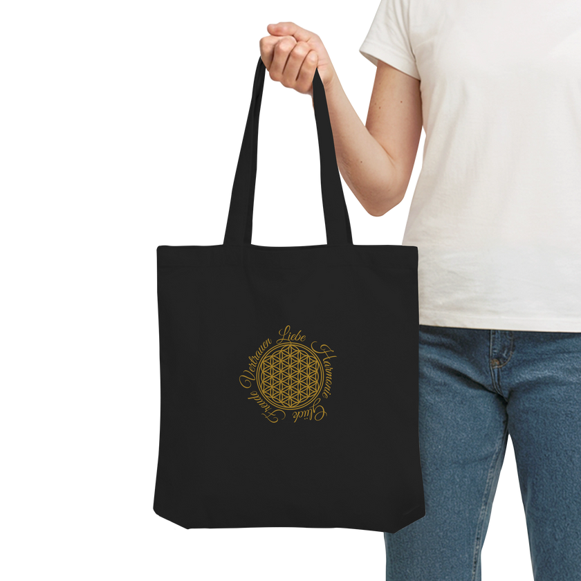 Blume des Lebens Stofftasche Schwarz – Nachhaltige Tote Bag mit spirituellem Design Liebe Freude Vertrauen Harmonie Glück