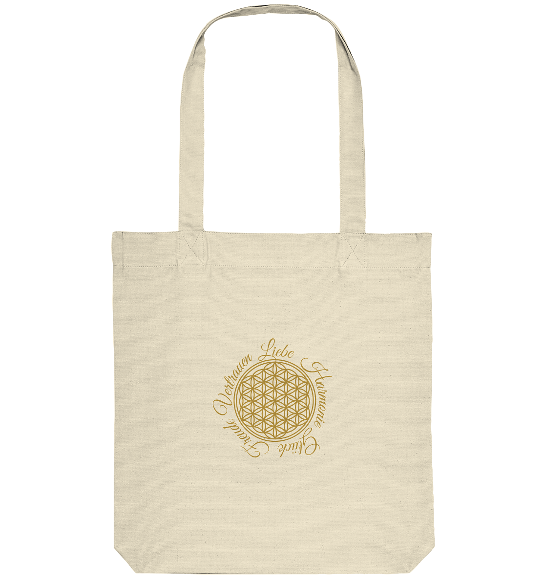 Blume des Lebens Tote Bag Beige Natur – Bio-Baumwolle mit goldenem Print Liebe Freude Vertrauen Harmonie Glück