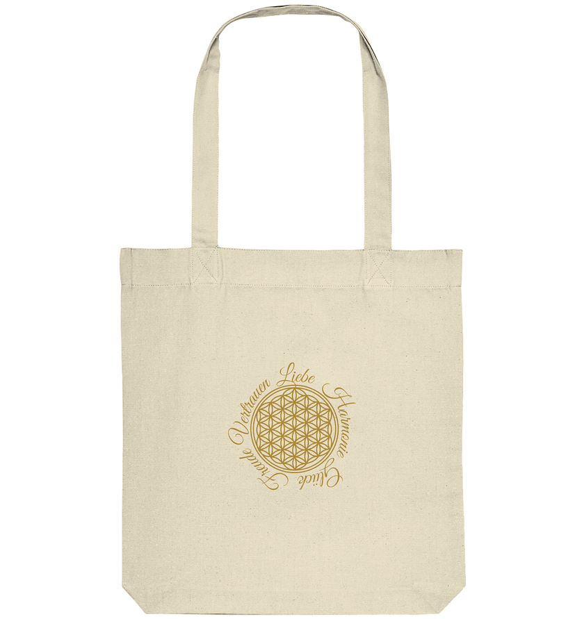 Blume des Lebens Tote Bag Beige Natur – Bio-Baumwolle mit goldenem Print Liebe Freude Vertrauen Harmonie Glück