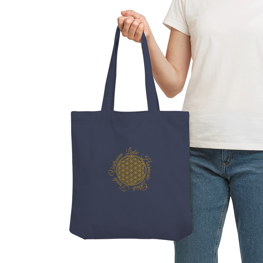 Blume des Lebens Tote Bag Midnight Blue – Recycelte Baumwolle mit goldenem Liebe Freude Vertrauen Harmonie Glück Print