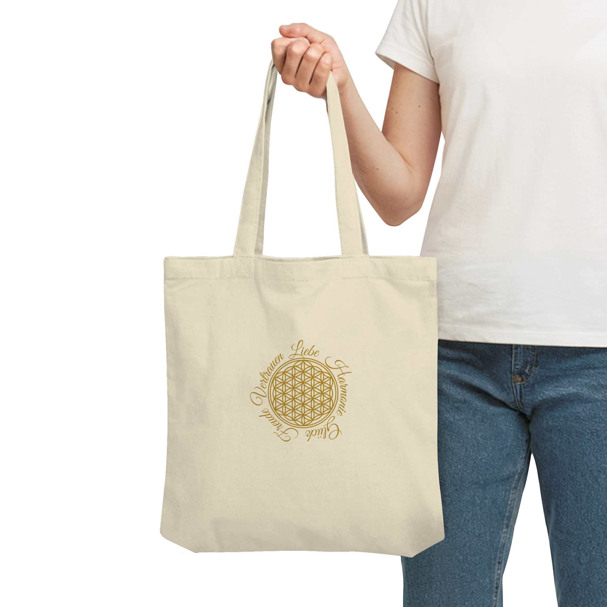 Blume des Lebens Stofftasche Natural – Organic Tote Bag mit spirituellem Goldprint und positiven Werten