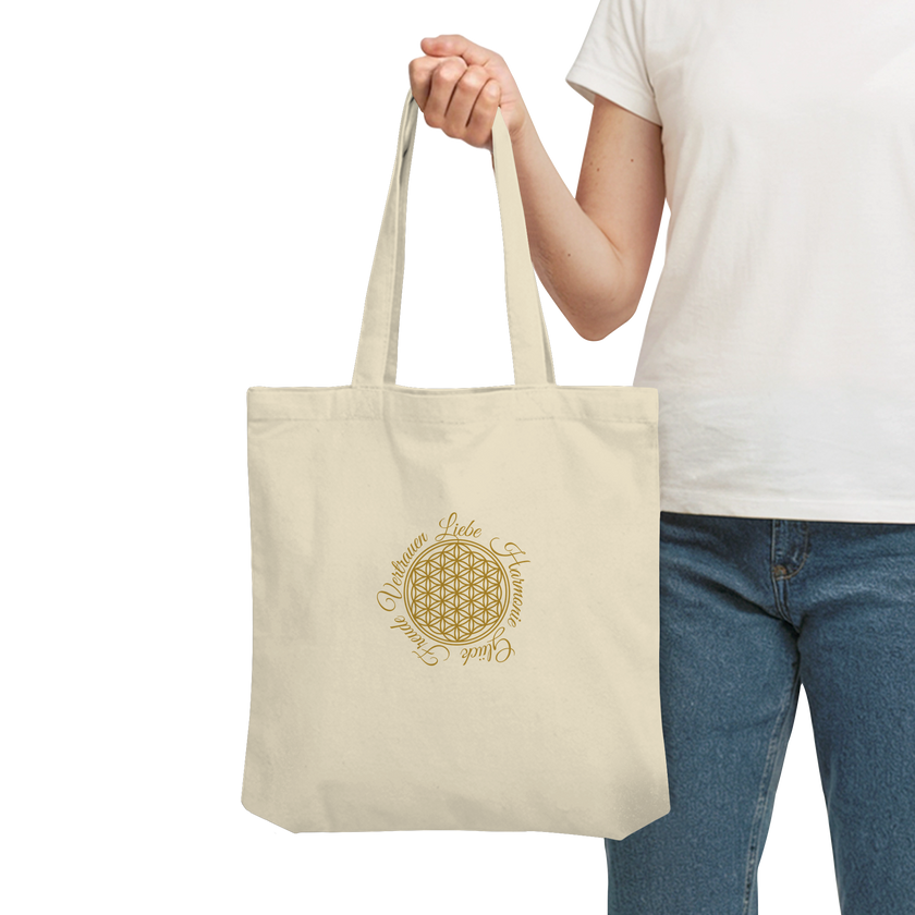 Blume des Lebens Stofftasche Natural – Organic Tote Bag mit spirituellem Goldprint und positiven Werten